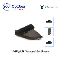 Emu Adult Platinum Eden Slipper. Hero image with title and logos