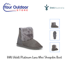 Emu Platinum Lara Mini Sheepskin Boot. Hero image with title and logos