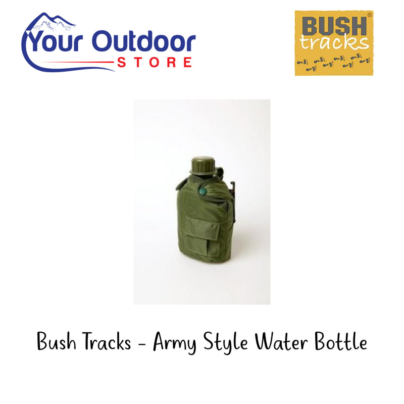 Bush Tracks Army Style Water Bottle. Hero Image Showing Logos and Title. 