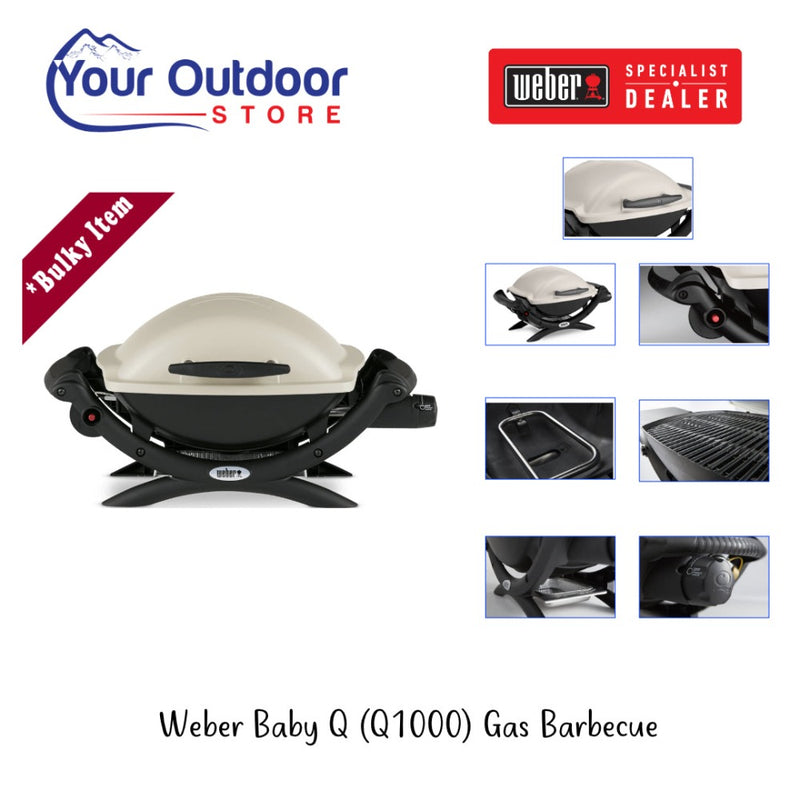 Weber Baby Q (Q1000) Gas BBQ. Hero image with title and logos