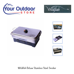 Wildfish Deluxe Stainless Steel Smoker. Hero image with title and logos
