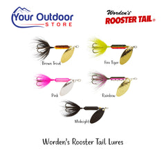 Wordens Rooster Tail Lures. Hero image with title and logos plus colour range inserts