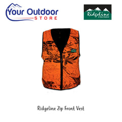 Camo | Ridgeline Blaze Zip Front Vest. Hero Image Showing Logos and Title. 