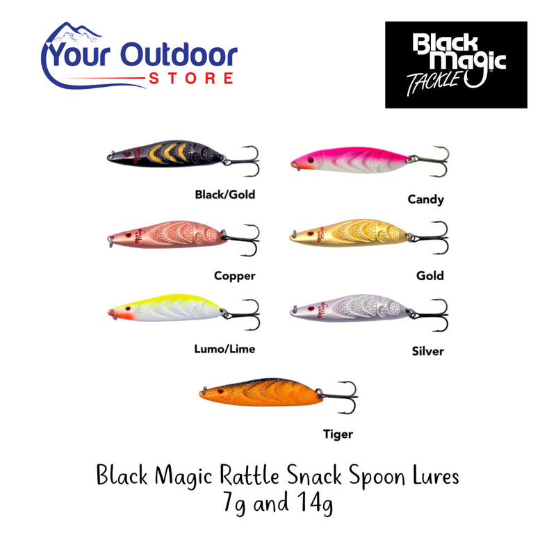 Black Magic Rattle Snack Spoon Lure. Hero image with title and logos