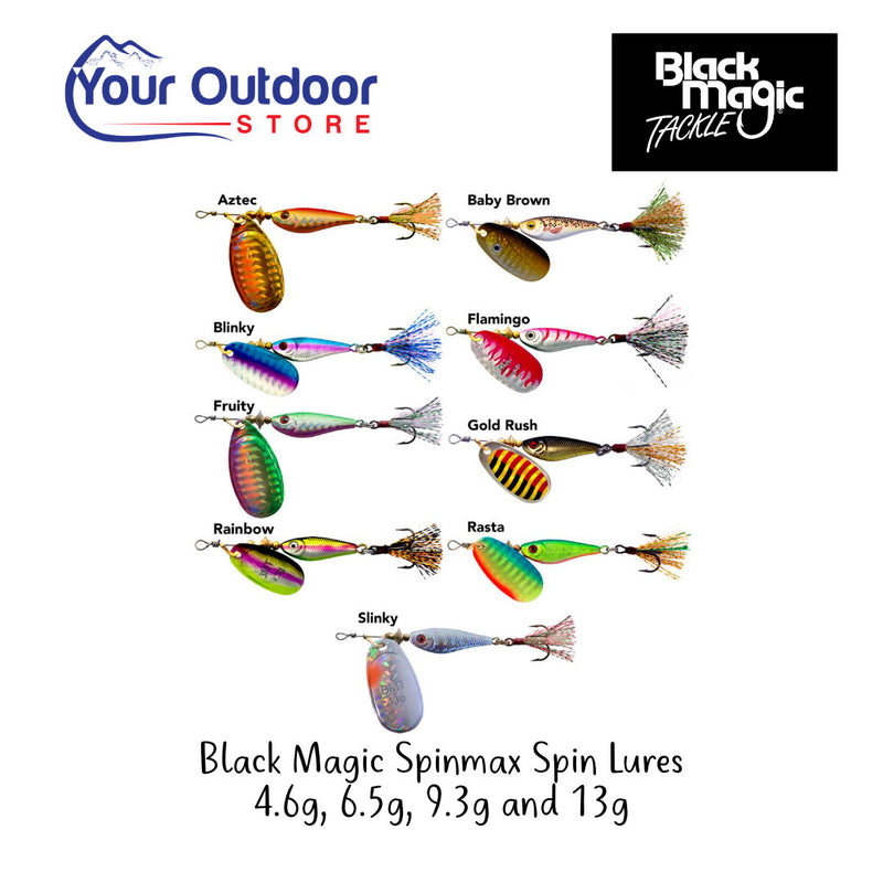 Black Magic Spinmax Spin Lure. Hero image with title and logos