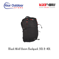 Black Wolf Axiom Backpack. Hero image with title and logos
