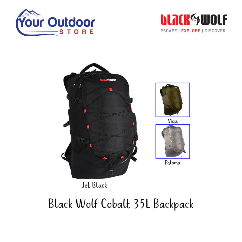 Black Wolf Cobalt Backpack. Hero image with title and logos