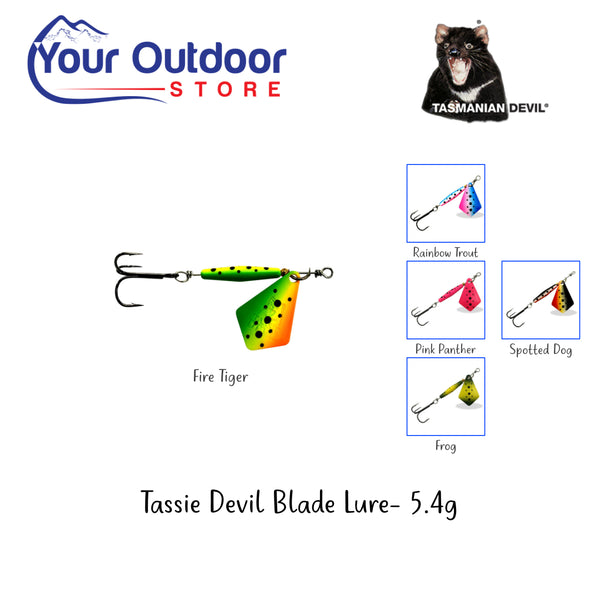Fire Tiger | Tasmanian Devil Blade 5.4g UV. Hero image with colour inserts
