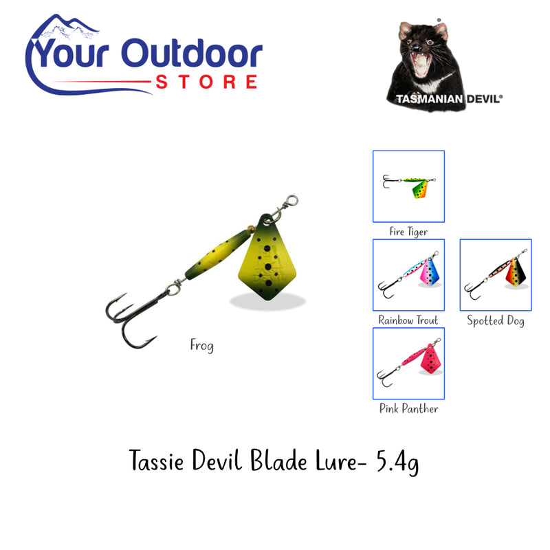 Frog | Tasmanian Devil Blade 5.4g UV. Hero Image with Colour inserts