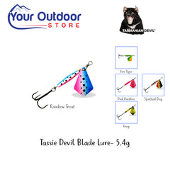 Rainbow Trout | Tasmanian Devil Blade 5.4g UV. Hero with colour inserts and logos
