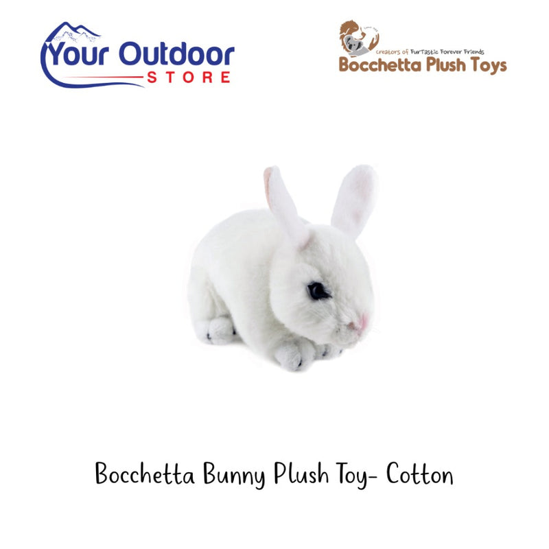 White | Bocchetta Bunny Plush Toy - Cotton. Hero image with Title and Logo