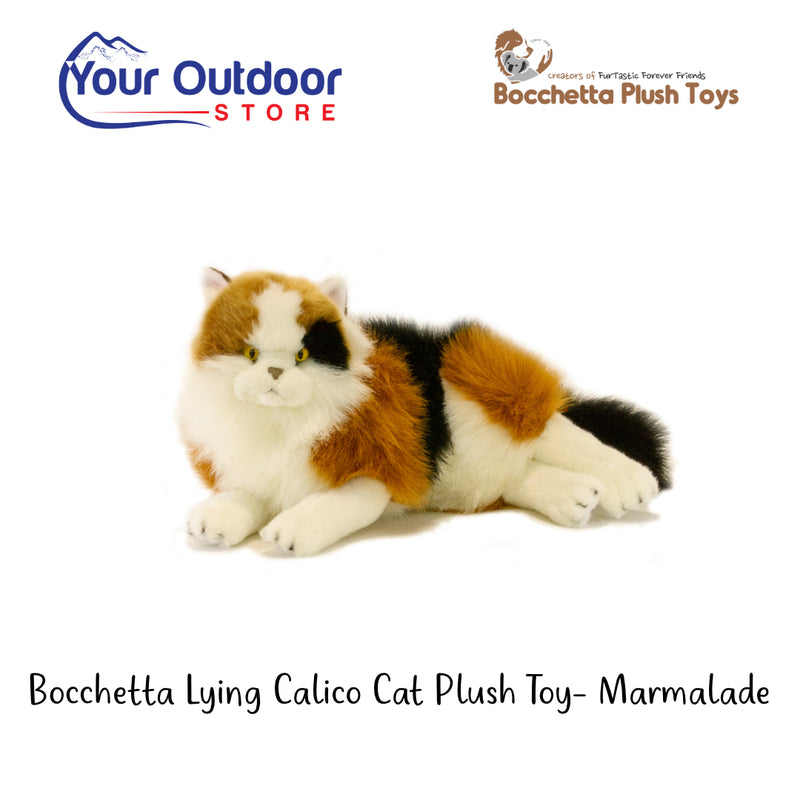 Bocchetta Lying Calico Cat Plush Toy - Marmalade. Hero image with logo and title