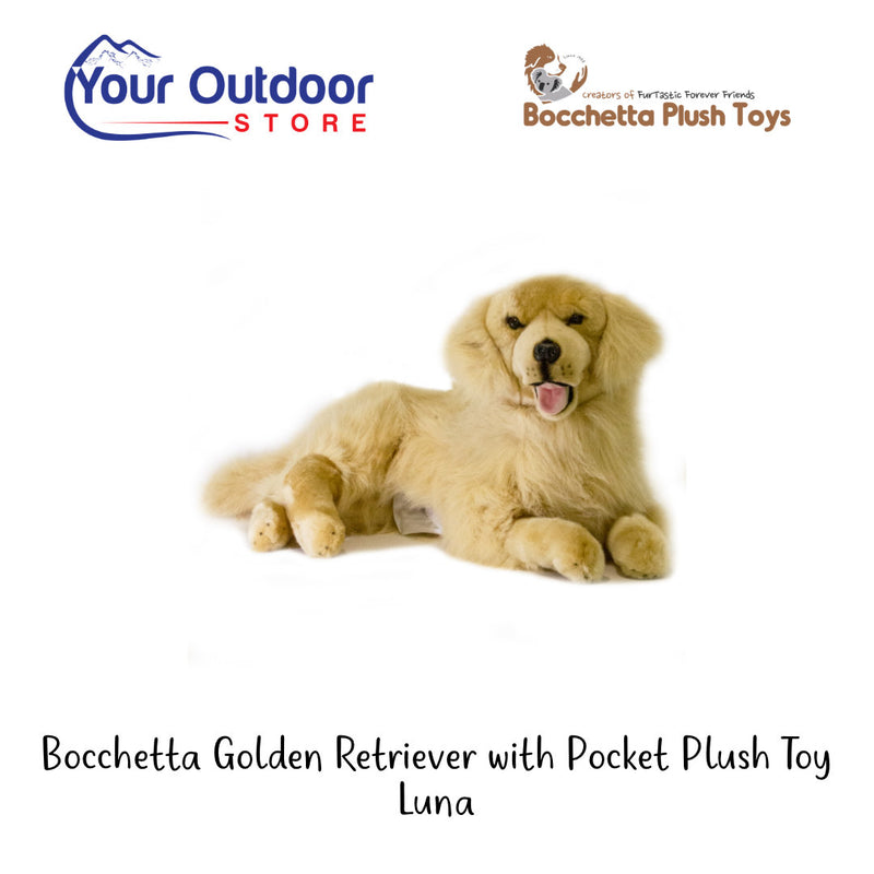 Golden Retriever | Bocchetta Golden Retriever With Satin Pocket Plush Toy - Luna. Hero image with logos and title