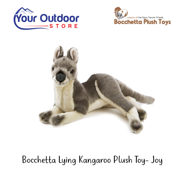 Grey | Bocchetta Lying Kangaroo Plush Toy - Joy. Hero image with Title and Logo