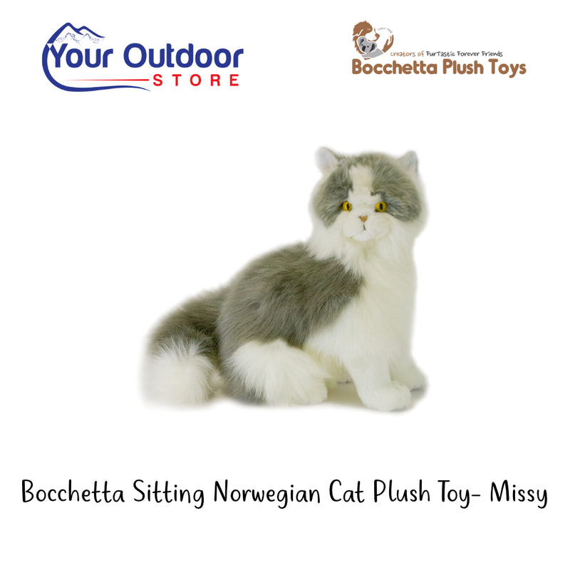 Grey | Bocchetta Sitting Norwegian Cat Plush Toy - Missy. Hero image with title and logo