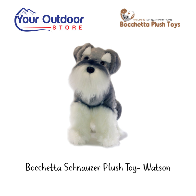 Grey | Bocchetta Schnauzer Plush Toy - Watson. Hero image with title and logo