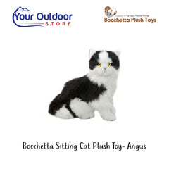 Black White | Bocchetta Sitting Piebald Cat Plush Toy - Angus. Hero image with title and logos