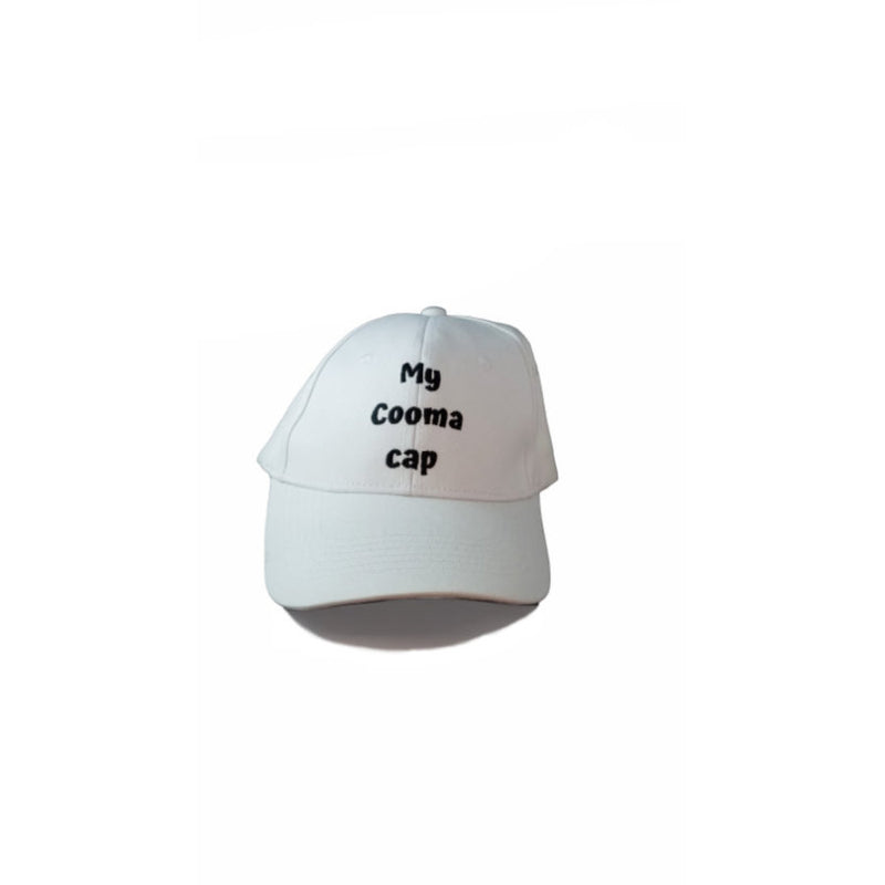 White | my cooma cap front with black embroidery