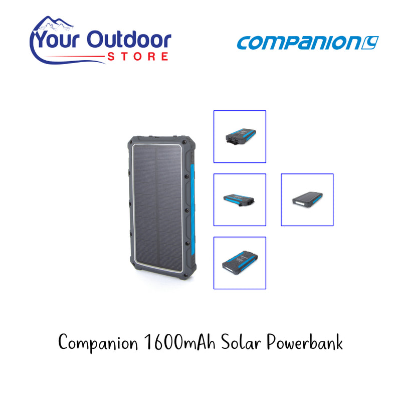 Companion 16000mAh Solar Powerbank. Hero image with title and logos