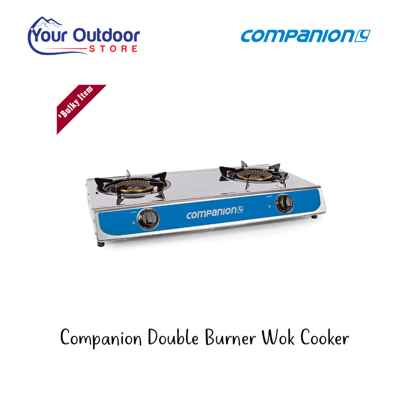 Companion Double Burner Wok Cooker. Hero image with title and logos