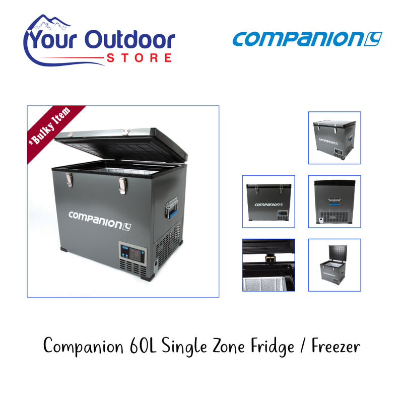 Companion Single Zone 60 Litre Fridge Freezer. Hero image with title and logos