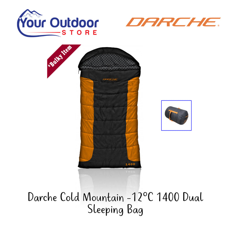 Black / Orange | Darche Cold Mountain -12C 1400 Dual Sleeping Bag. Hero Image with Logos and title