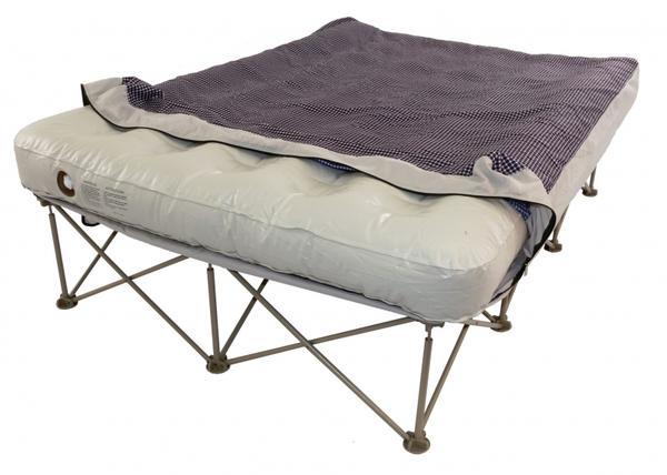 Blue Check | Oztrail Anywhere Bed. set up with mattress pocket unzipped
