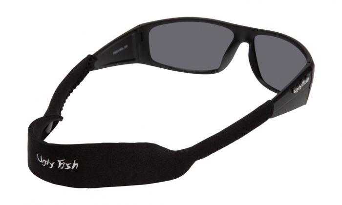 Ugly Fish Fitted Neoprene Sport Strap. Black attached to a pair of sunglasses