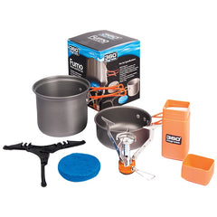 Aluminium | 360 Degrees Furno Stove and Pot Set. Contents Shown Next to Packaging