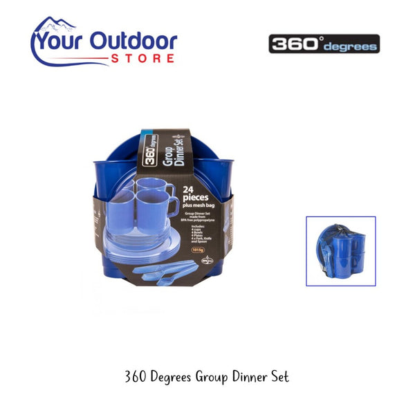 Blue | 360 Degrees Group Dinner Set. Hero image with title and logos