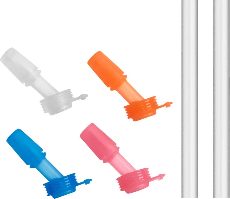 Multi | Bite valves in clear, orange, blue and pink with 2 straws