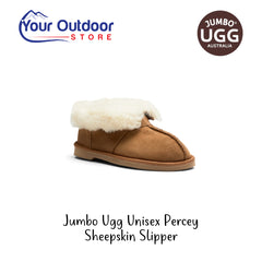 Jumbo Ugg Unisex Percey Australian Sheepskin Slippers. Hero image with title and logos
