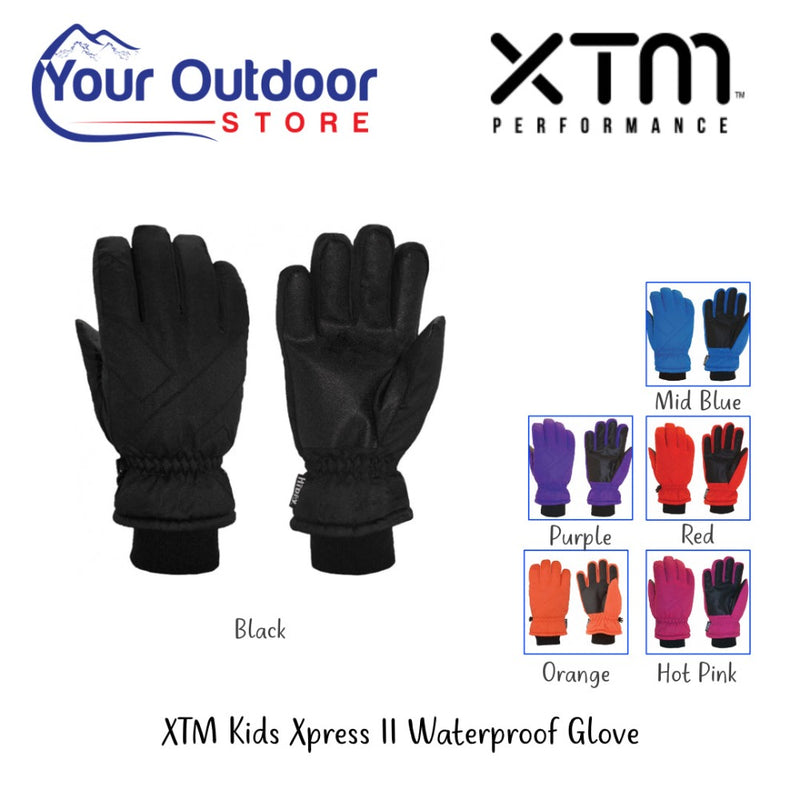 XTM Kids Xpress II Waterproof Gloves. Hero image with title and logos plus colour inserts