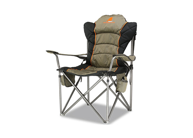 Oztent King Goanna Chair. Khaki. Set up View, showing accessory pockets. Your Outdoor Store