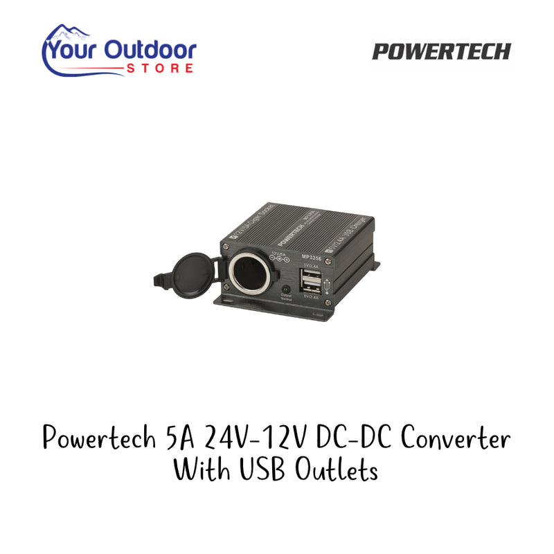 Powertech 5A 24V-12V DC-DC Converter with USB Charge. Hero image with title and logos