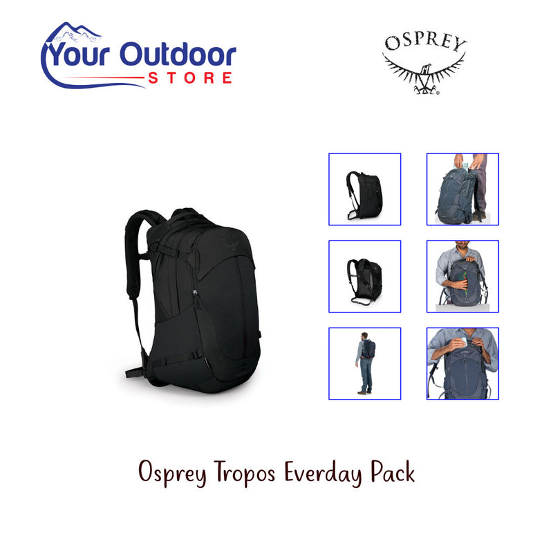 Osprey Tropo Everyday Pack. Hero image with title and logos