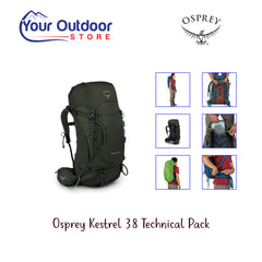 Osprey Kestrel 38 Technical Backpack. Hero image with title and logos