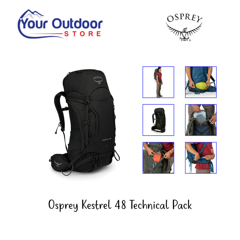 Osprey Kestrel 48 Technical Backpack. Hero image with title and logos plus features image inserts