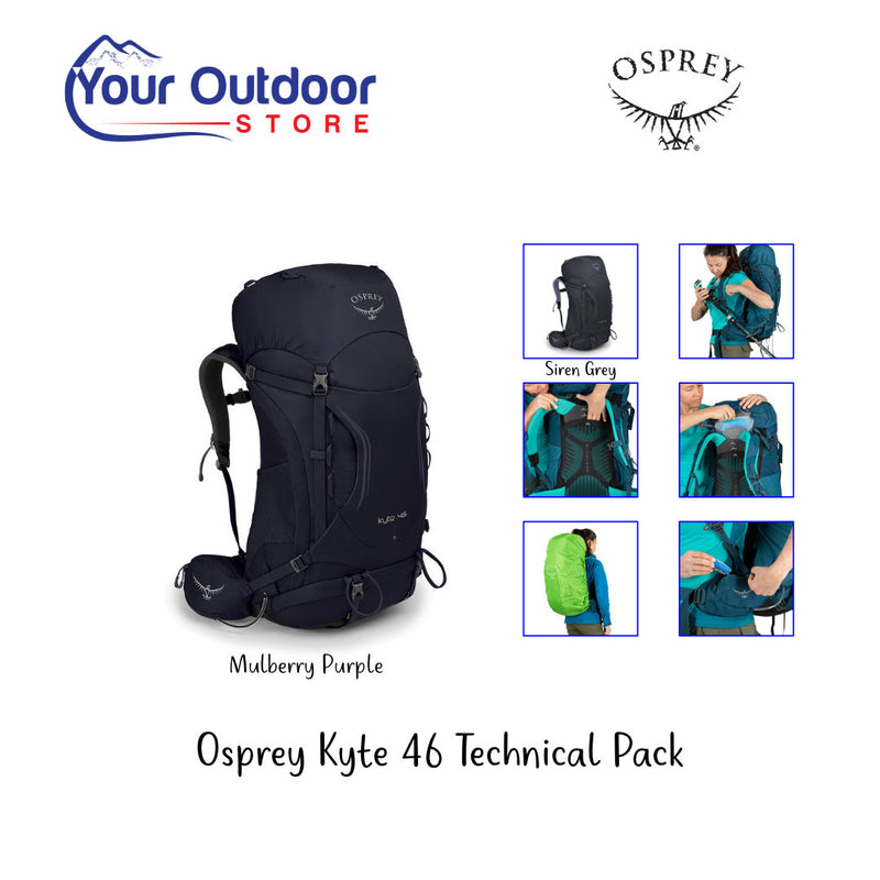 Osprey Kyte 46 Technical Backpack. Hero image with title and logos