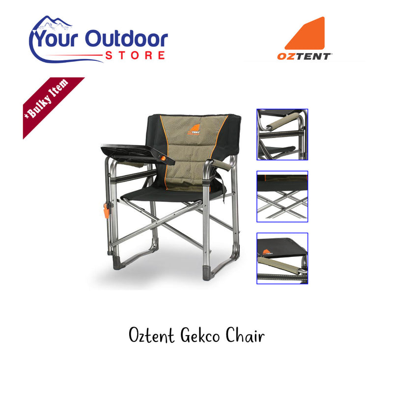 Khaki | Oztent Gecko Chair With Side Table. Hero image with title and logos