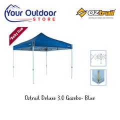 Blue | Oztrail Deluxe 3.0 Gazebo. Hero image with title and logos