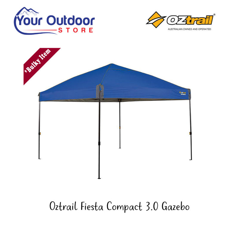 Oztrail Fiesta Compact 3.0 Gazebo. Hero image with title and logos