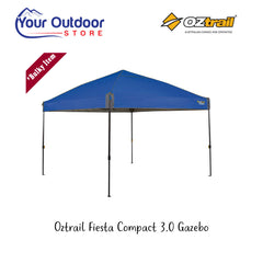 Oztrail Fiesta Compact 3.0 Gazebo. Hero image with title and logos