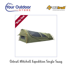 Oztrail Mitchell Expedition Single Swag. Hero image with title and logos