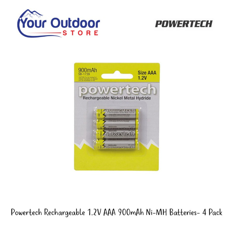 Powertech Rechargeable 1.2V AAA 900mAh Ni-MH Batteries- 4 Pack. Hero image with title and logos.