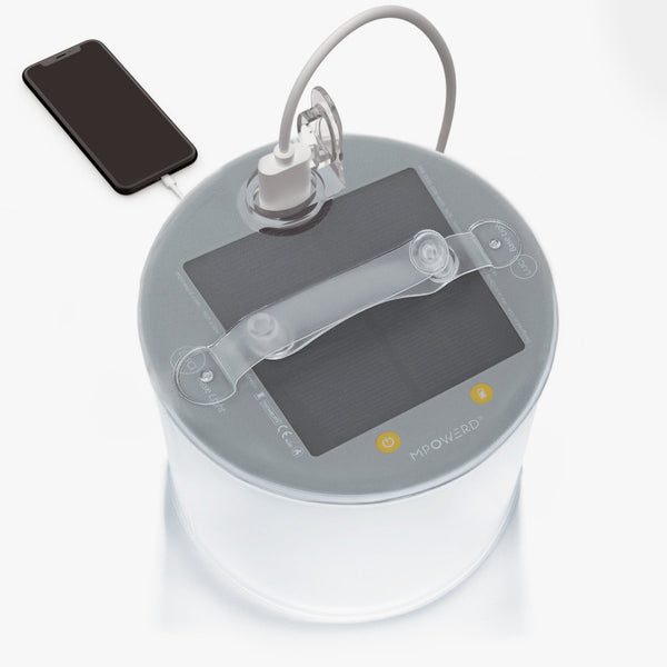Luci Solar Inflatable Base Light. Top with phone plugged in