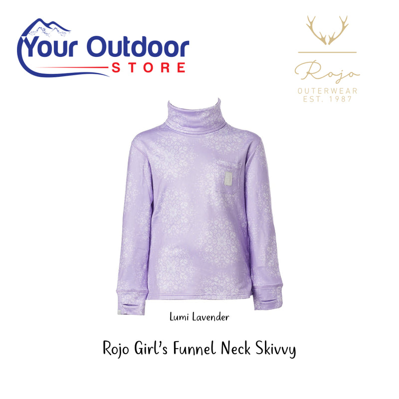 Lumi Lavender | Rojo Girls Funnel Neck Top. Hero image with title and logos