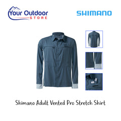 Shimano Mens Pro Stretch Vented Navy Shirt. Hero image with title and logos