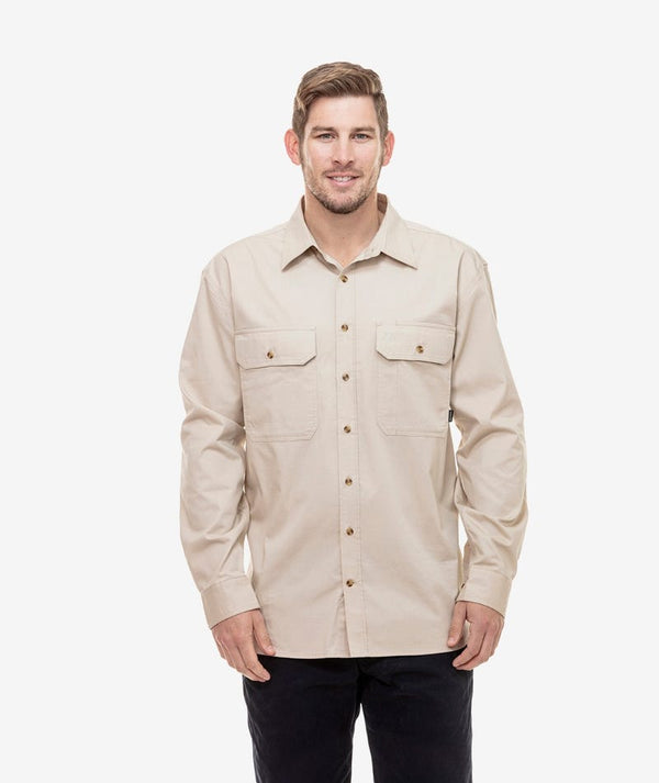 Bone | Swanndri Mens Byron Long Sleeve Work Shirt. Front