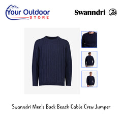 Swanndri Mens Back Beach Cable Crew Jumper. Hero image with title and logos
